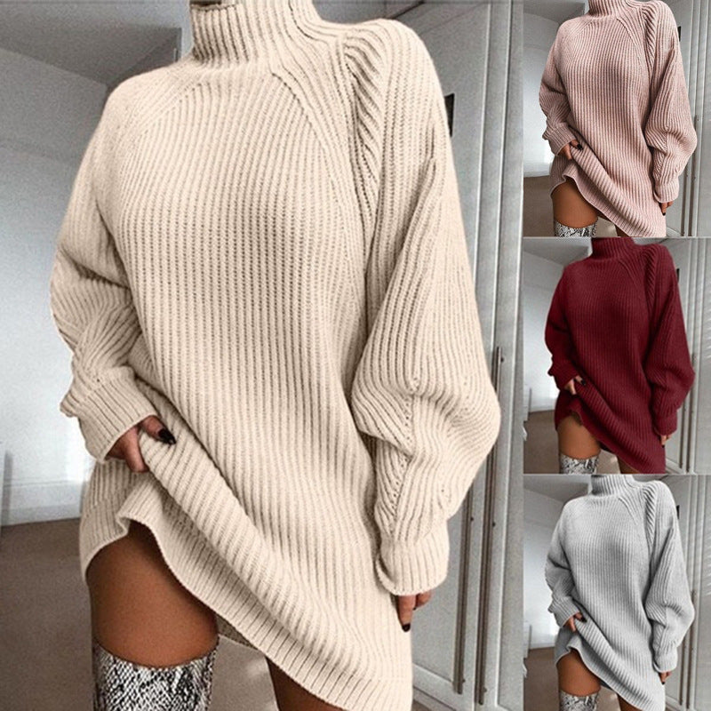 Pull long à col roulé uni, chaud, pour femme, robe-pull d'hiver