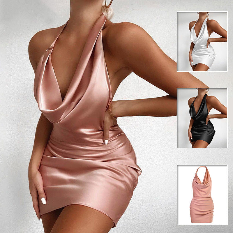 Robe de soirée en satin Col en V Dos nu Mini sans manches Robe de soirée d'été