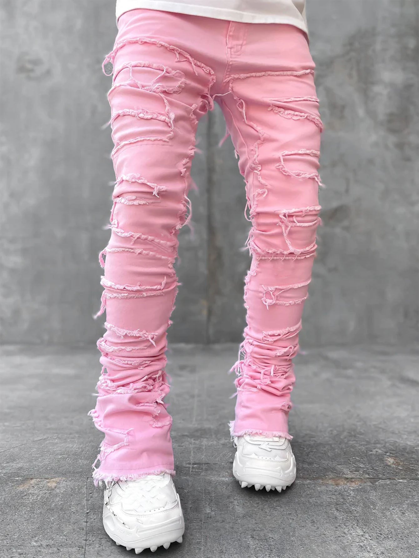 Pantalon déchiré à franges, avec patchs individuels, coupe longue ajustée, jean superposé pour hommes