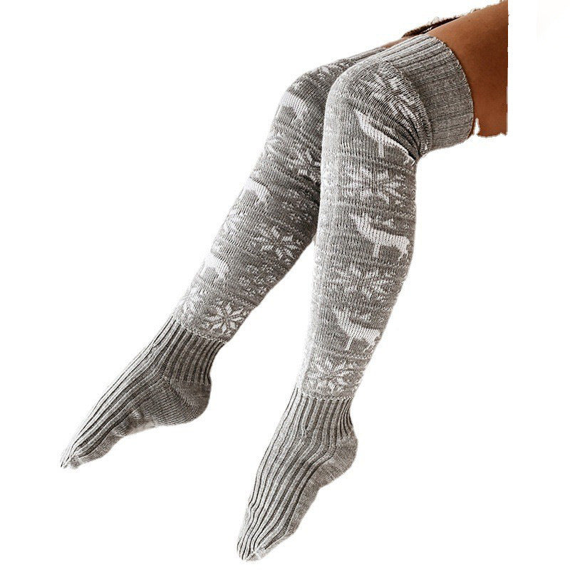 Chaussettes longues décontractées en tricot chaud de Noël pour femme avec motif jacquard cerf et flocon de neige, au-dessus du genou, taille unique, pour cadeaux