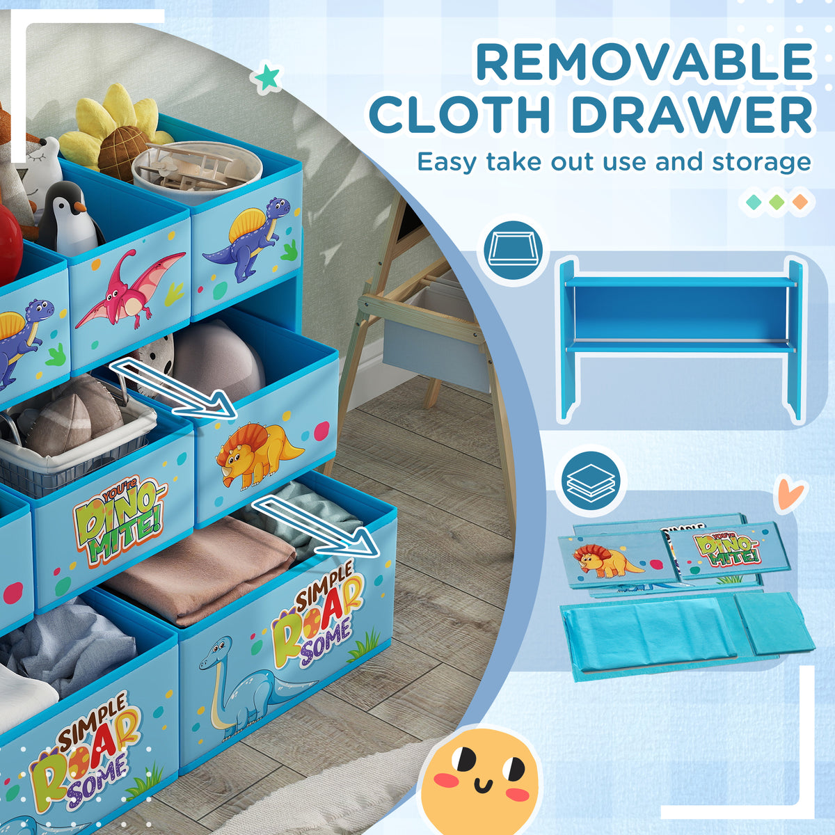 3-Tier Kids Storage Unit With 9 Non-Woven Fabric Boxes For Toys, Books, For Bedroom, Nursery, Blue