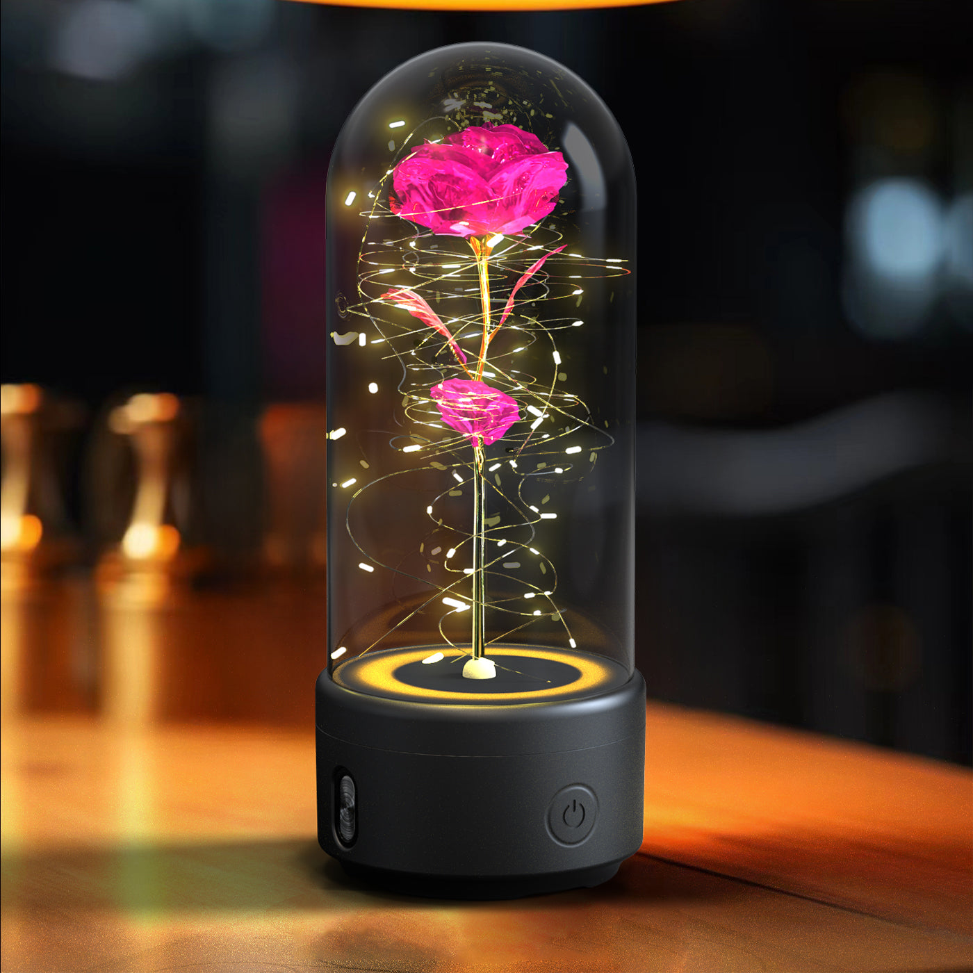Veilleuse créative 2 en 1 avec fleurs roses, lampe LED et haut-parleur compatible Bluetooth, cadeau de Saint-Valentin, ornement lumineux en forme de rose sous cloche en verre