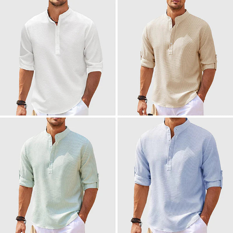 Chemise décontractée pour homme à manches longues col montant couleur unie Vêtements pour hommes