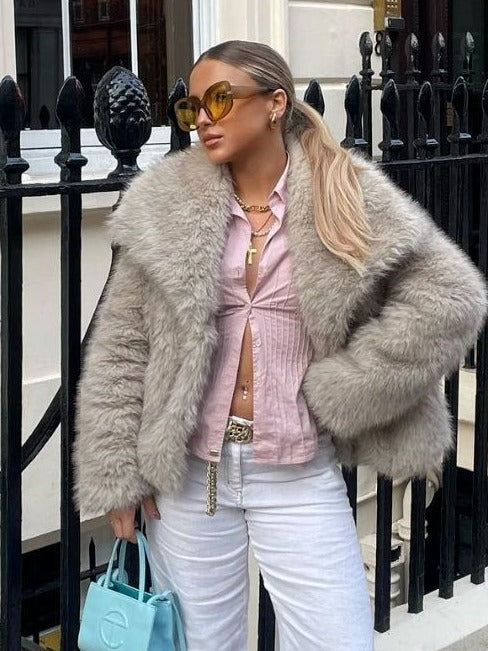 Manteau d'hiver en peluche mode chaud épais moelleux revers veste décontractée hauts à manches longues vêtements pour femmes