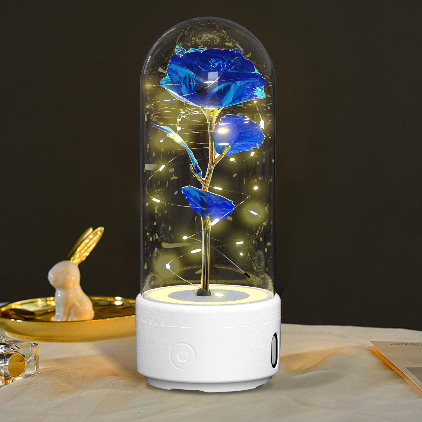 Veilleuse créative 2 en 1 avec fleurs roses, lampe LED et haut-parleur compatible Bluetooth, cadeau de Saint-Valentin, ornement lumineux en forme de rose sous cloche en verre