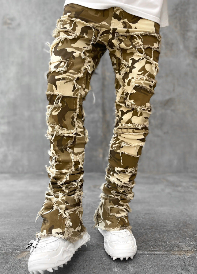 Pantalon déchiré à franges, avec patchs individuels, coupe longue ajustée, jean superposé pour hommes