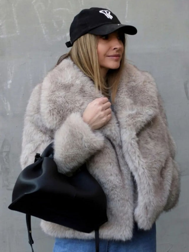 Manteau d'hiver en peluche mode chaud épais moelleux revers veste décontractée hauts à manches longues vêtements pour femmes