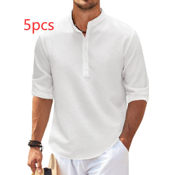 Chemise décontractée pour homme à manches longues col montant couleur unie Vêtements pour hommes