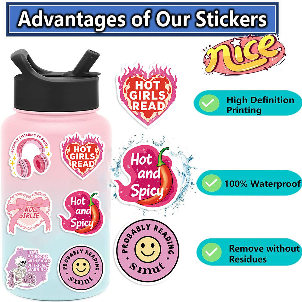 Un assortiment de 50 autocollants fantaisie de lecture de dessins animés pour graffitis érotiques, guitare décorative, carnet de notes, bagages, DIY, vente en gros.