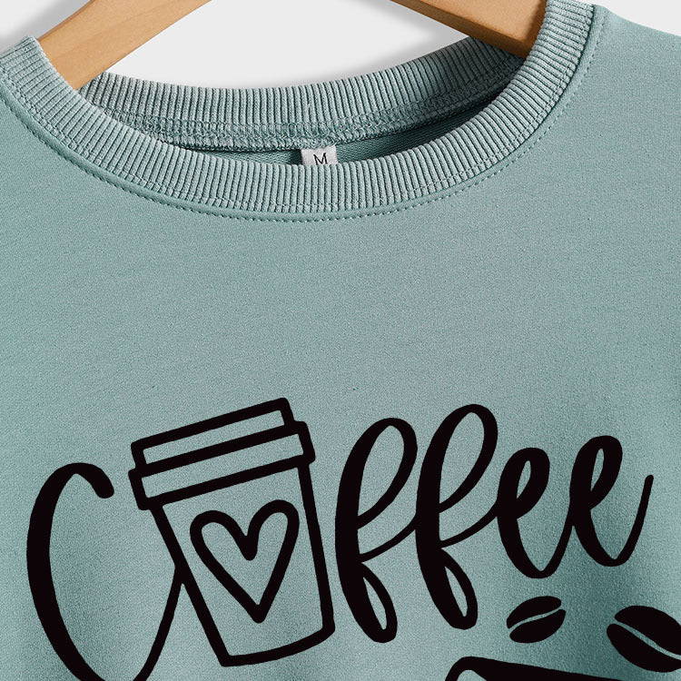 Amazon commerce transfrontalier, café, livres, lettres élégantes, pull ample et grande taille à manches longues et col rond pour femmes, vente en gros.