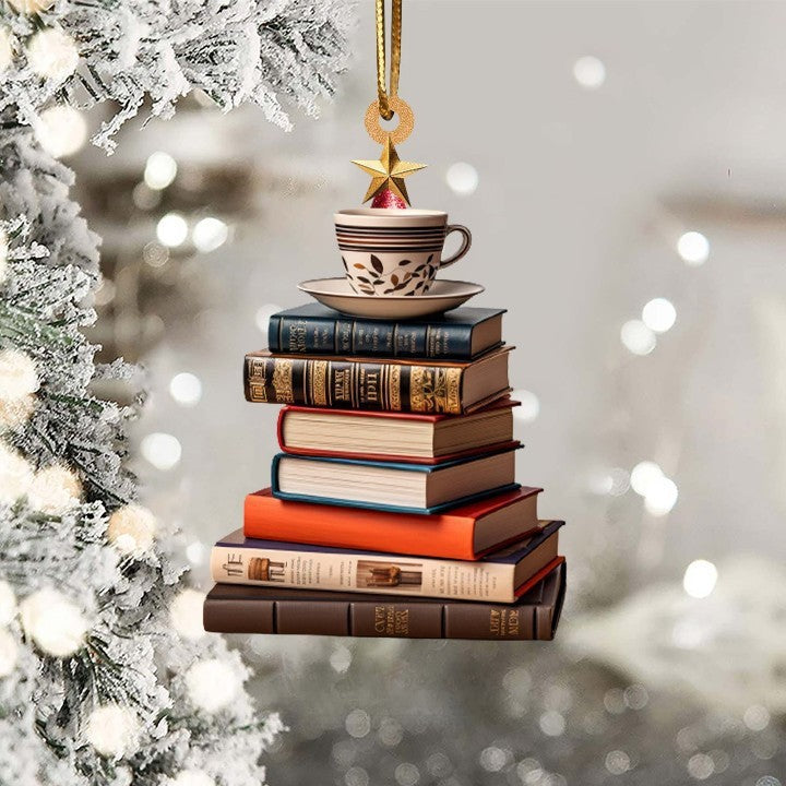 Décorations de Noël à suspendre en forme d'étagère en bois avec pile de livres, pendentifs pour sapin de Noël, décorations de Noël à suspendre, pendentif de voiture