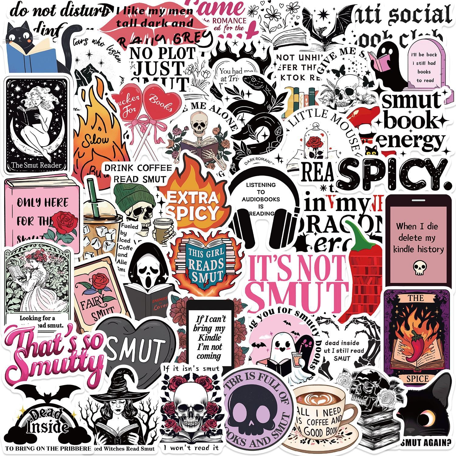 Un assortiment de 50 autocollants fantaisie de lecture de dessins animés pour graffitis érotiques, guitare décorative, carnet de notes, bagages, DIY, vente en gros.