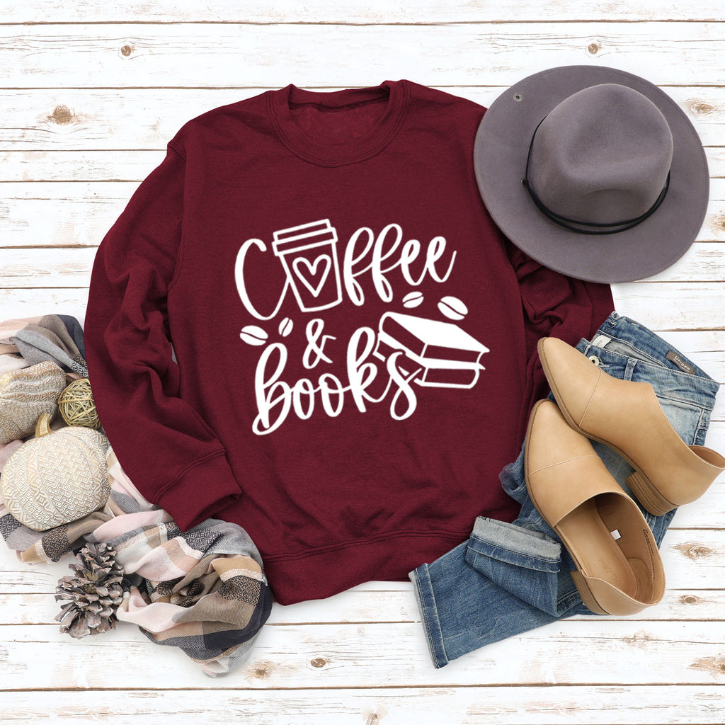 Amazon commerce transfrontalier, café, livres, lettres élégantes, pull ample et grande taille à manches longues et col rond pour femmes, vente en gros.