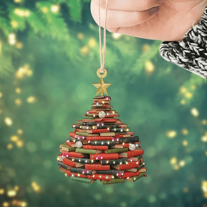 Décorations de Noël à suspendre en forme d'étagère en bois avec pile de livres, pendentifs pour sapin de Noël, décorations de Noël à suspendre, pendentif de voiture