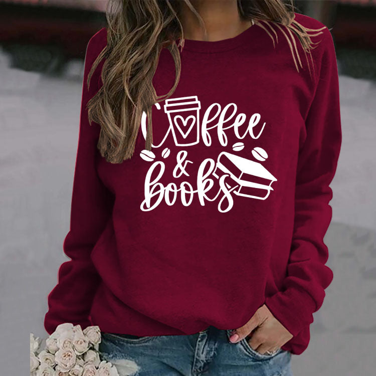 Amazon commerce transfrontalier, café, livres, lettres élégantes, pull ample et grande taille à manches longues et col rond pour femmes, vente en gros.