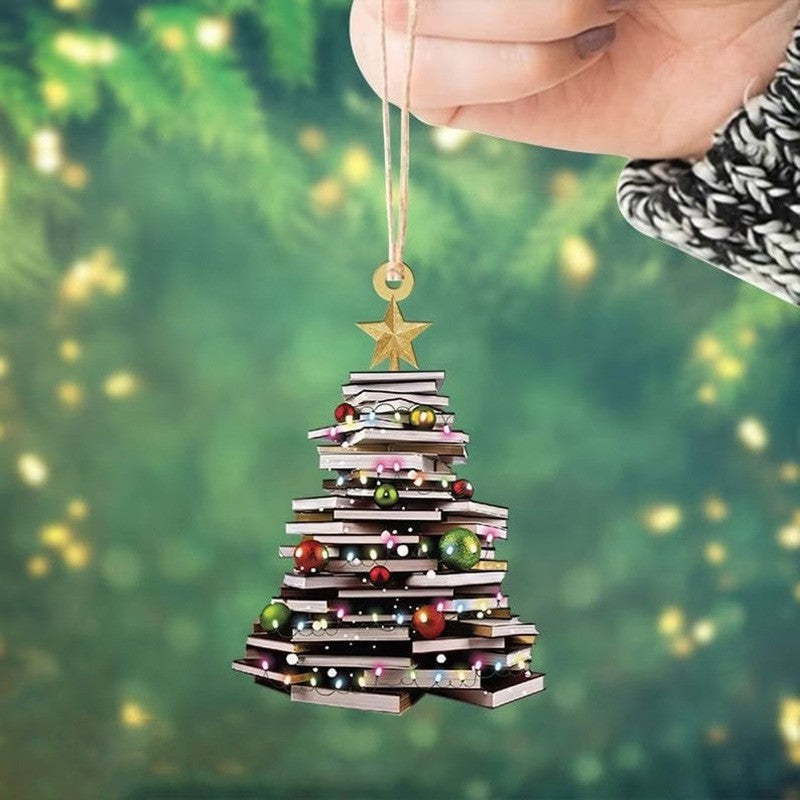 Décorations de Noël à suspendre en forme d'étagère en bois avec pile de livres, pendentifs pour sapin de Noël, décorations de Noël à suspendre, pendentif de voiture