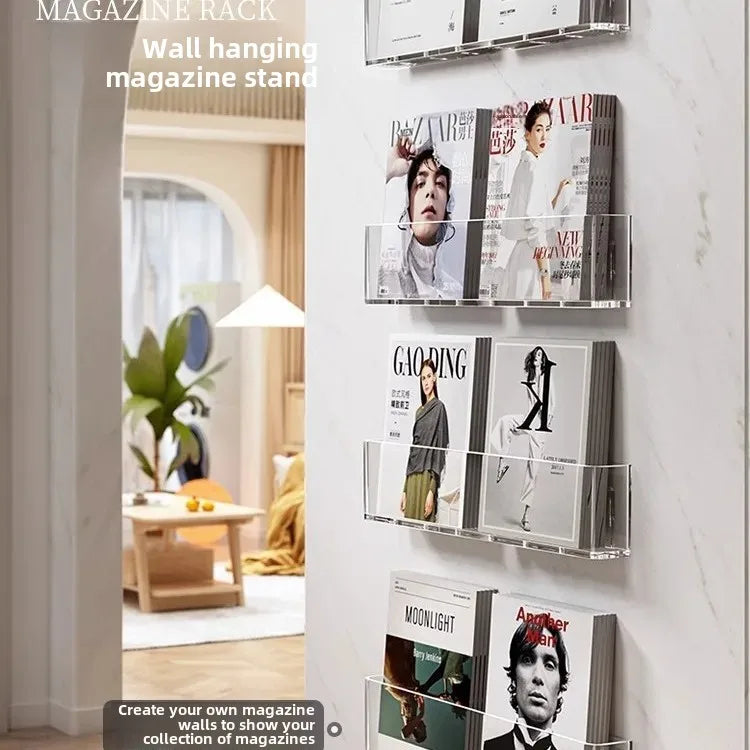 Présentoir mural transparent sans perforation pour livres et journaux, idéal pour les magazines et les livres illustrés