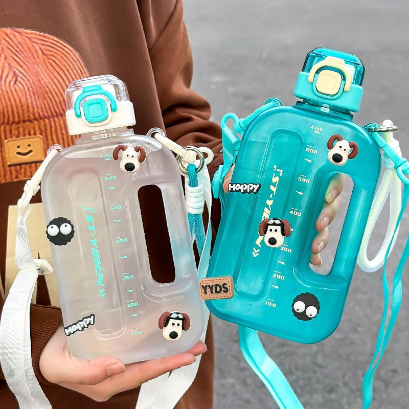Grande capacité portable sport espace plastique tasse fille sangle paille tasse à boire milliard livres dopamine petit baril carré