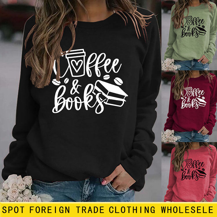 Amazon commerce transfrontalier, café, livres, lettres élégantes, pull ample et grande taille à manches longues et col rond pour femmes, vente en gros.