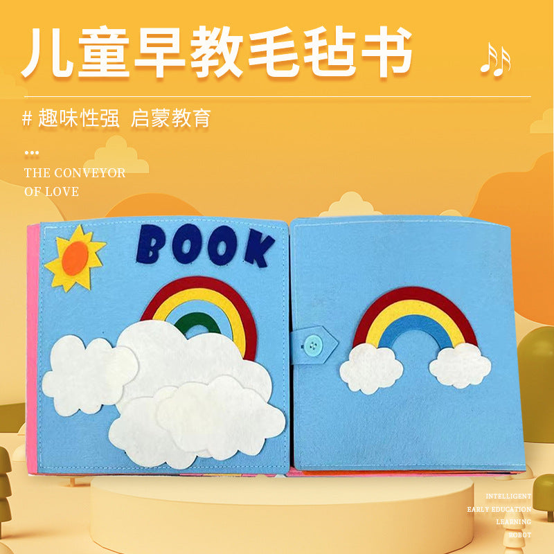 Livre en tissu feutre 3D Montessori pour l'éveil et l'éducation précoce, nouveauté transfrontalière : livre en tissu arc-en-ciel en feutre pour l'éveil.