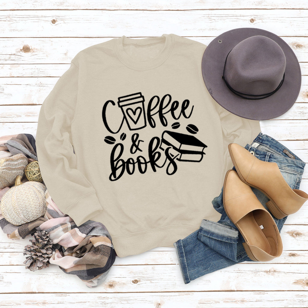 Amazon commerce transfrontalier, café, livres, lettres élégantes, pull ample et grande taille à manches longues et col rond pour femmes, vente en gros.