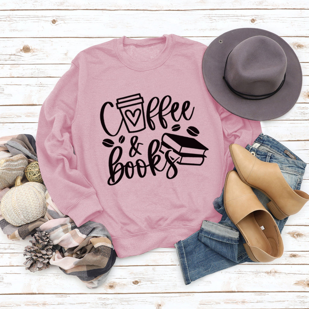 Amazon commerce transfrontalier, café, livres, lettres élégantes, pull ample et grande taille à manches longues et col rond pour femmes, vente en gros.