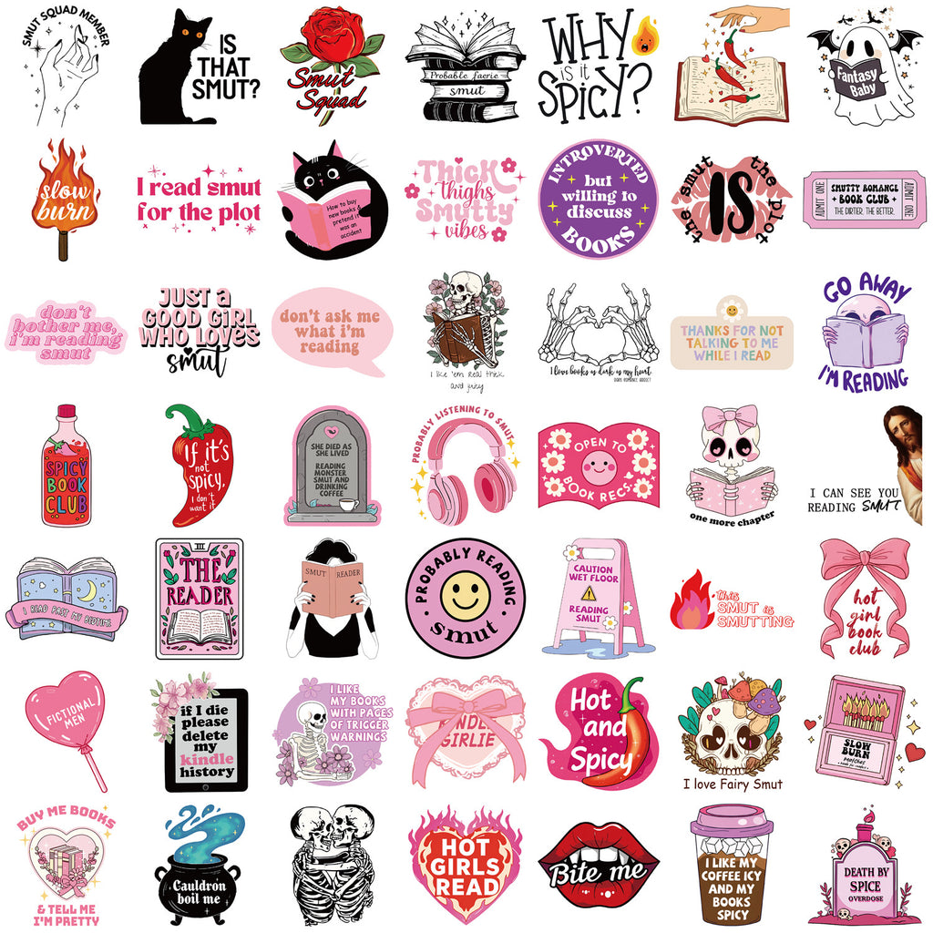 Un assortiment de 50 autocollants fantaisie de lecture de dessins animés pour graffitis érotiques, guitare décorative, carnet de notes, bagages, DIY, vente en gros.