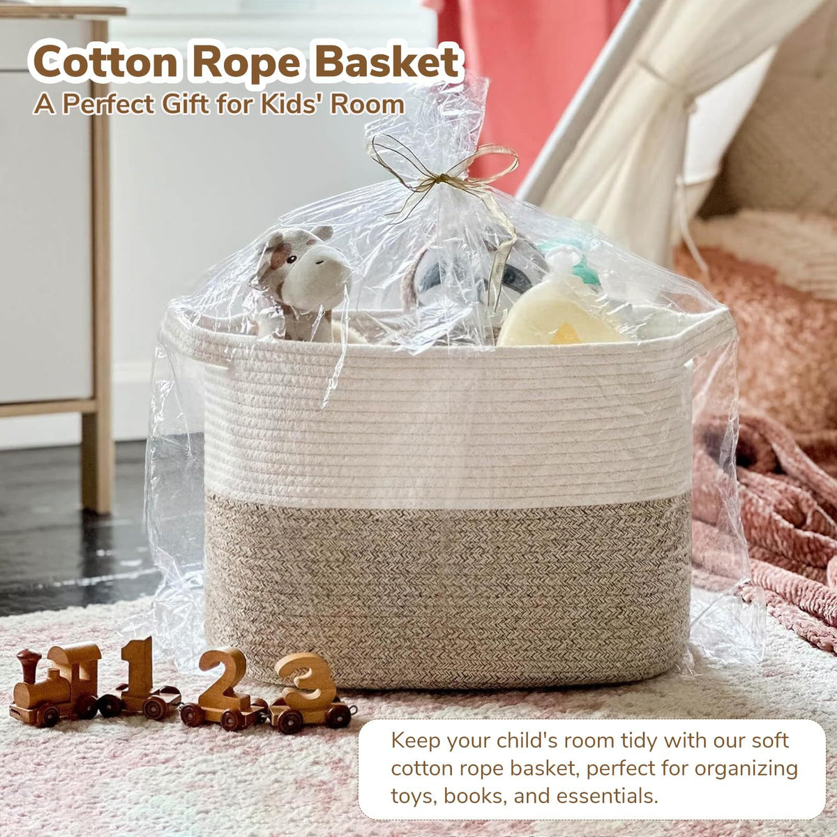 Panier de rangement tressé panier en corde de coton pour jouets de chien, livres, panier cadeau tendance, panier carré avec poignée de finition