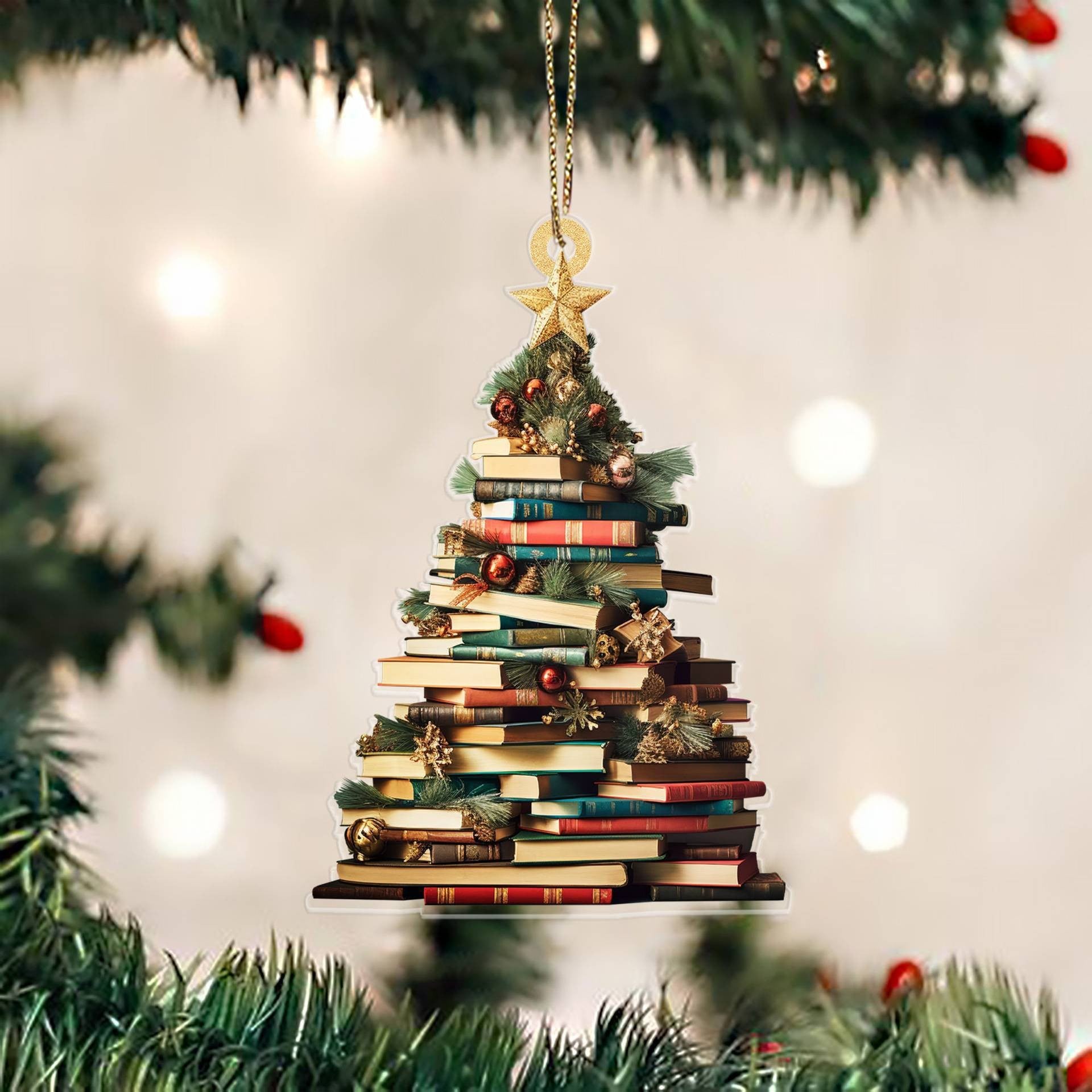Décorations de Noël à suspendre en forme d'étagère en bois avec pile de livres, pendentifs pour sapin de Noël, décorations de Noël à suspendre, pendentif de voiture