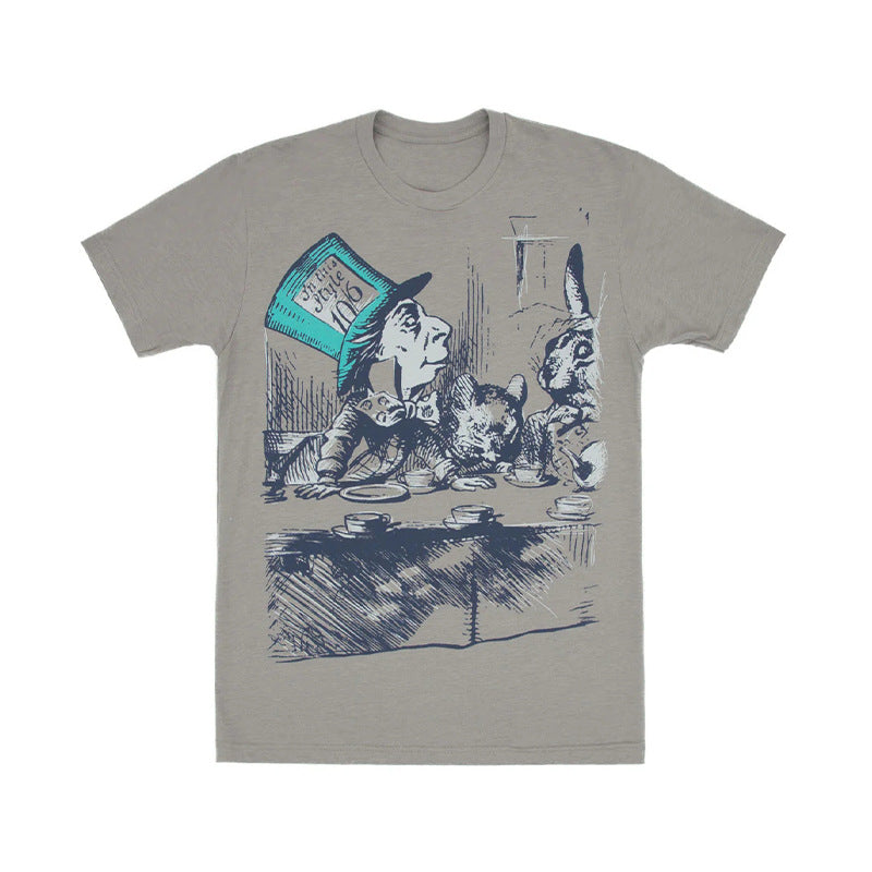 T-shirt à manches courtes unisexe avec injection directe, motif littéraire "Dîner avec les animaux", artistique, décontracté américain et simple