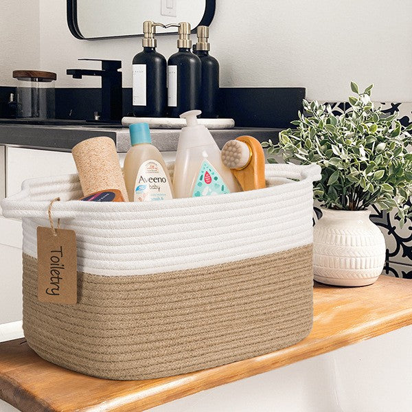 Panier de rangement tressé panier en corde de coton pour jouets de chien, livres, panier cadeau tendance, panier carré avec poignée de finition