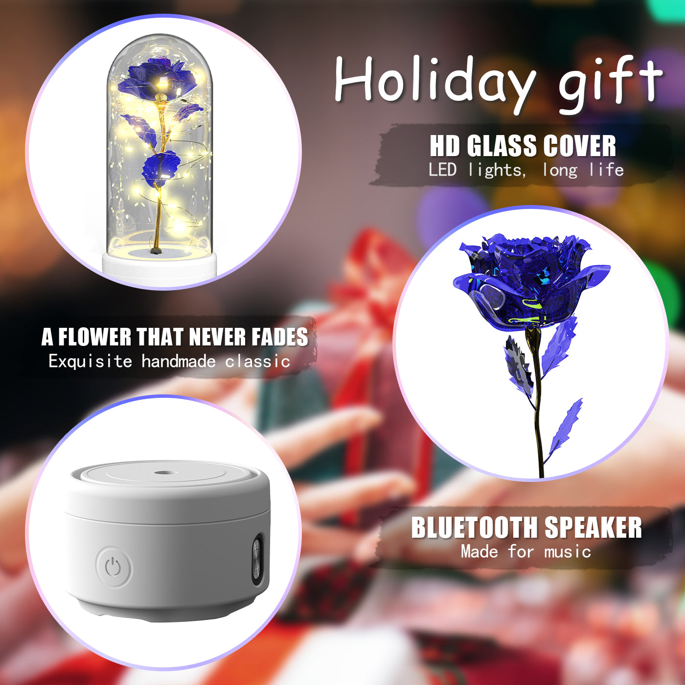 Veilleuse créative 2 en 1 avec fleurs roses, lampe LED et haut-parleur compatible Bluetooth, cadeau de Saint-Valentin, ornement lumineux en forme de rose sous cloche en verre