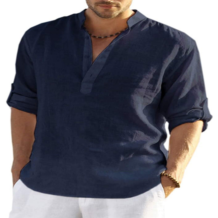 Chemise Décontractée Homme Coton Lin Couleur Unie Manches Longues Col Montant Ample