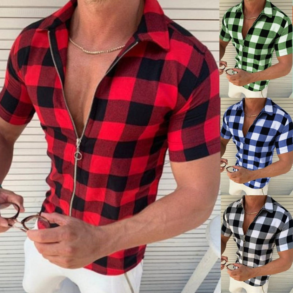 Chemise à carreaux pour hommes, à manches courtes et fermeture éclair, vêtements d'été pour hommes