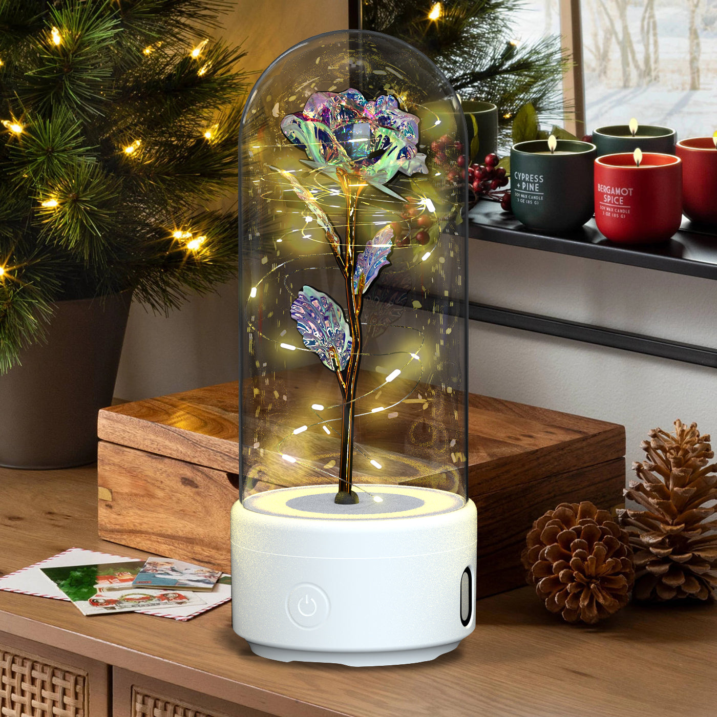 Veilleuse créative 2 en 1 avec fleurs roses, lampe LED et haut-parleur compatible Bluetooth, cadeau de Saint-Valentin, ornement lumineux en forme de rose sous cloche en verre