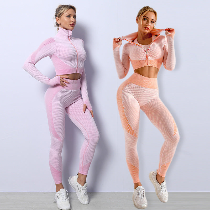 Ensemble de Yoga 3 Pièces Sans Couture Tenue Sport Femme Legging Femme Crop Top Soutien-Gorge de Sport Femme Ensemble Fitness Gym Tenue Femme Survêtement