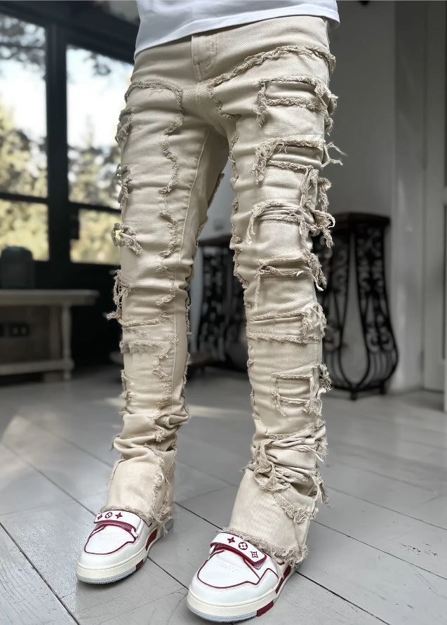 Pantalon déchiré à franges, avec patchs individuels, coupe longue ajustée, jean superposé pour hommes