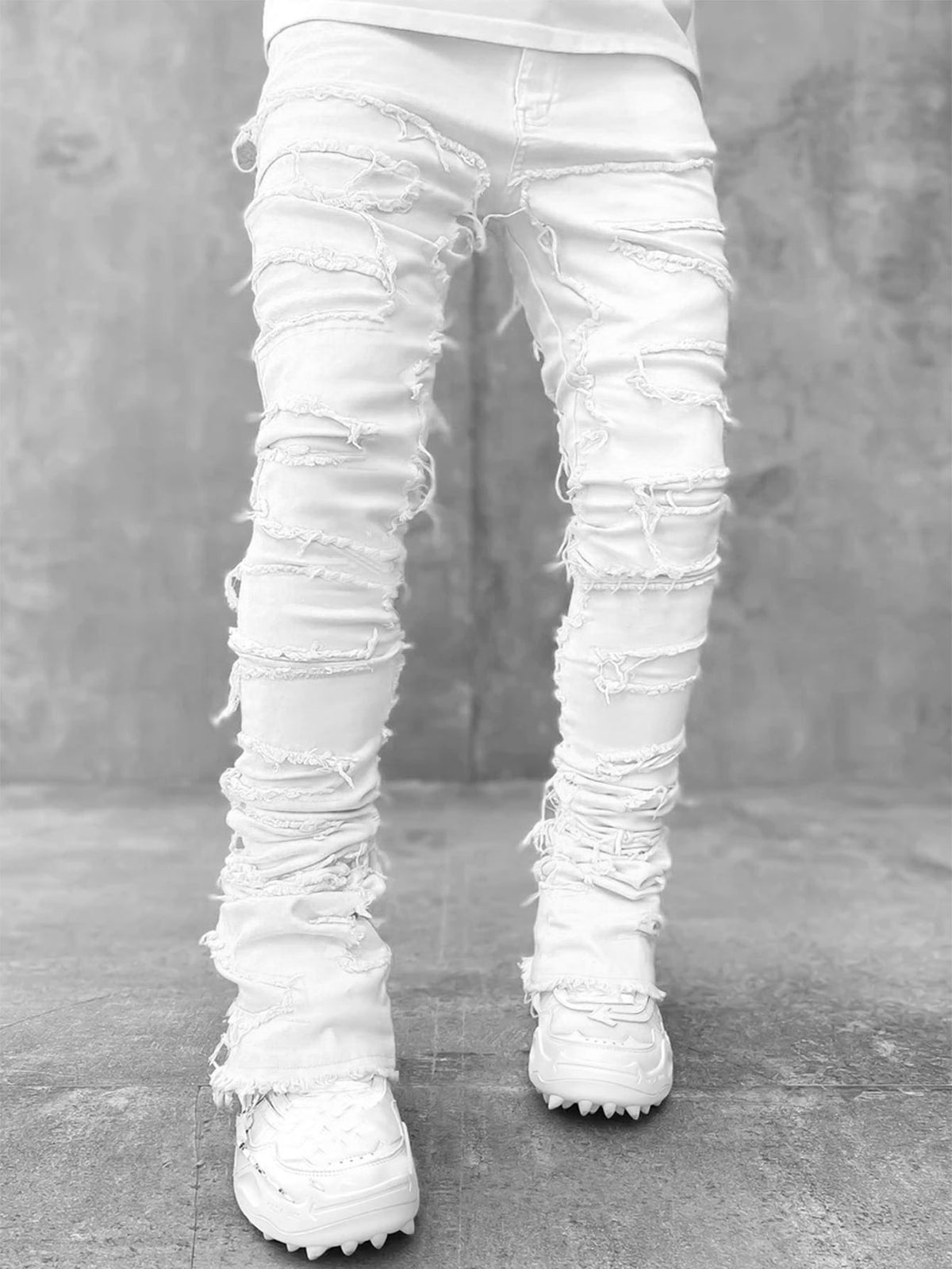 Pantalon déchiré à franges, avec patchs individuels, coupe longue ajustée, jean superposé pour hommes