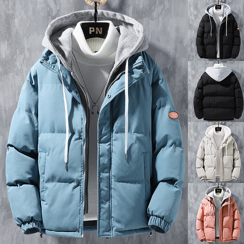 Veste à capuche mode homme, hiver, coupe-vent, épaissie, fausse deux-pièces, manteau uni, loisirs, sport, en coton