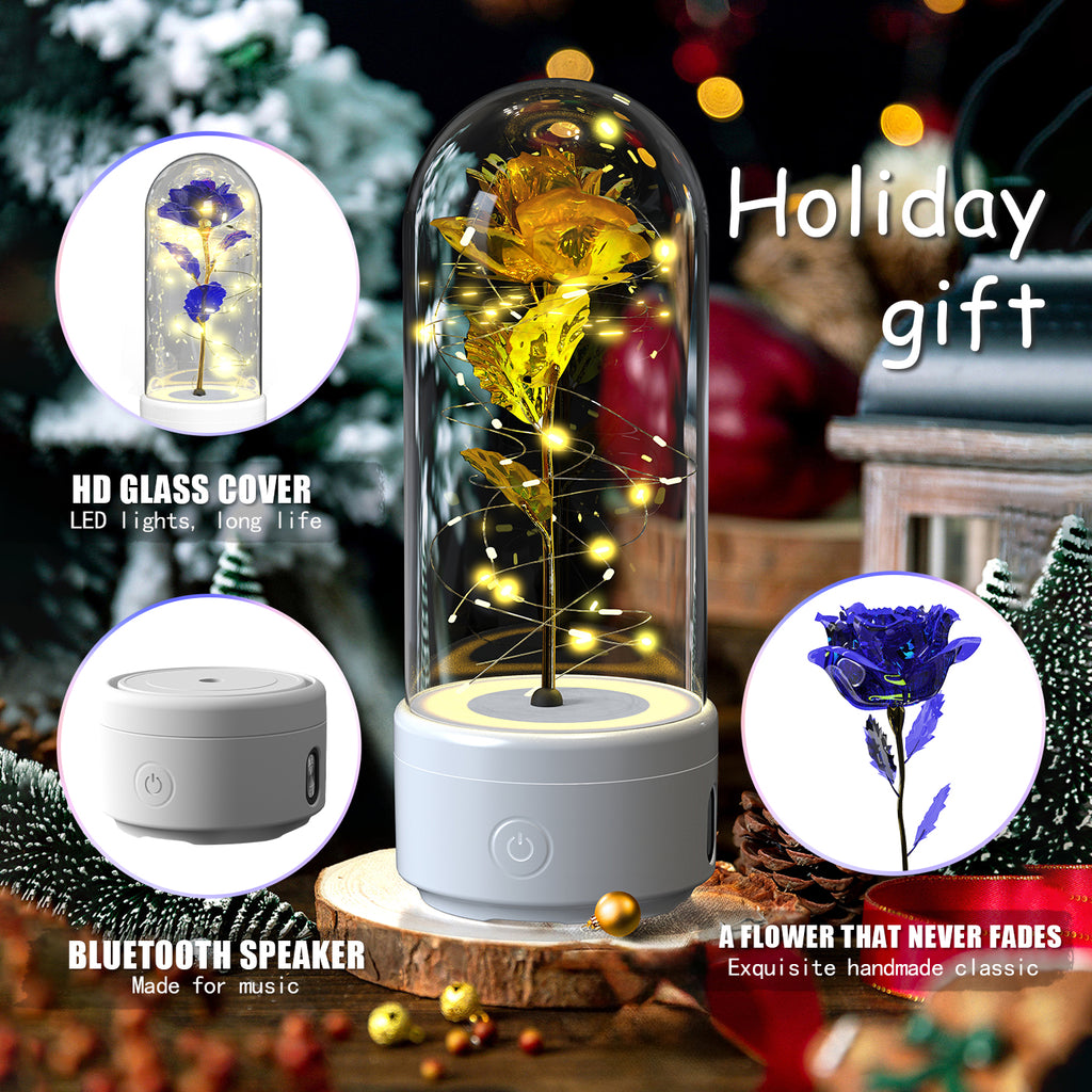 Veilleuse créative 2 en 1 avec fleurs roses, lampe LED et haut-parleur compatible Bluetooth, cadeau de Saint-Valentin, ornement lumineux en forme de rose sous cloche en verre