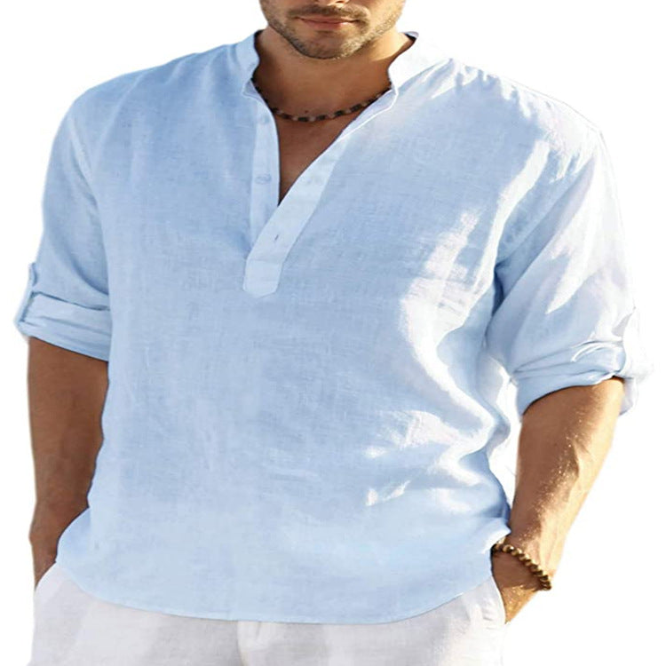 Chemise Décontractée Homme Coton Lin Couleur Unie Manches Longues Col Montant Ample