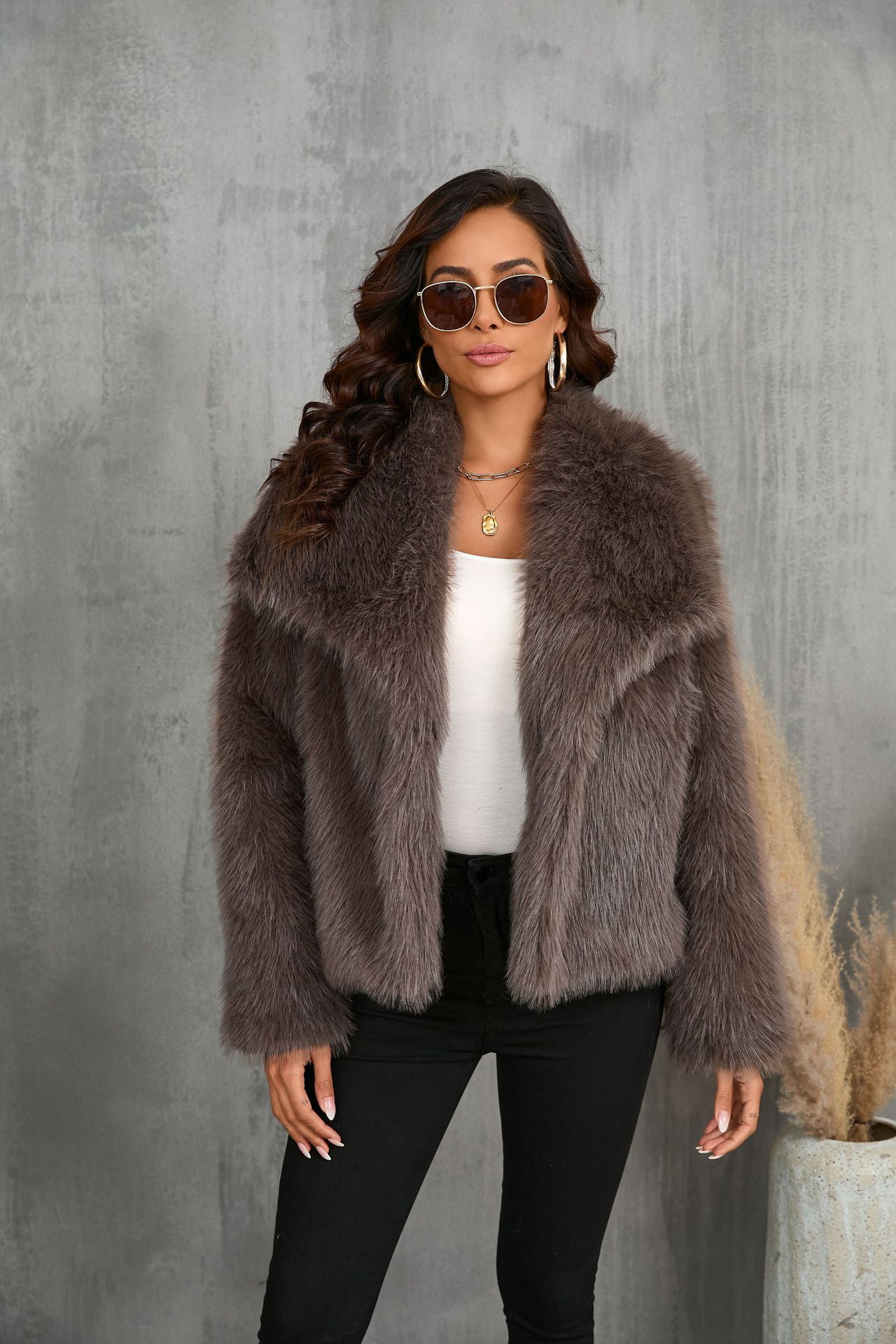 Manteau d'hiver en peluche mode chaud épais moelleux revers veste décontractée hauts à manches longues vêtements pour femmes