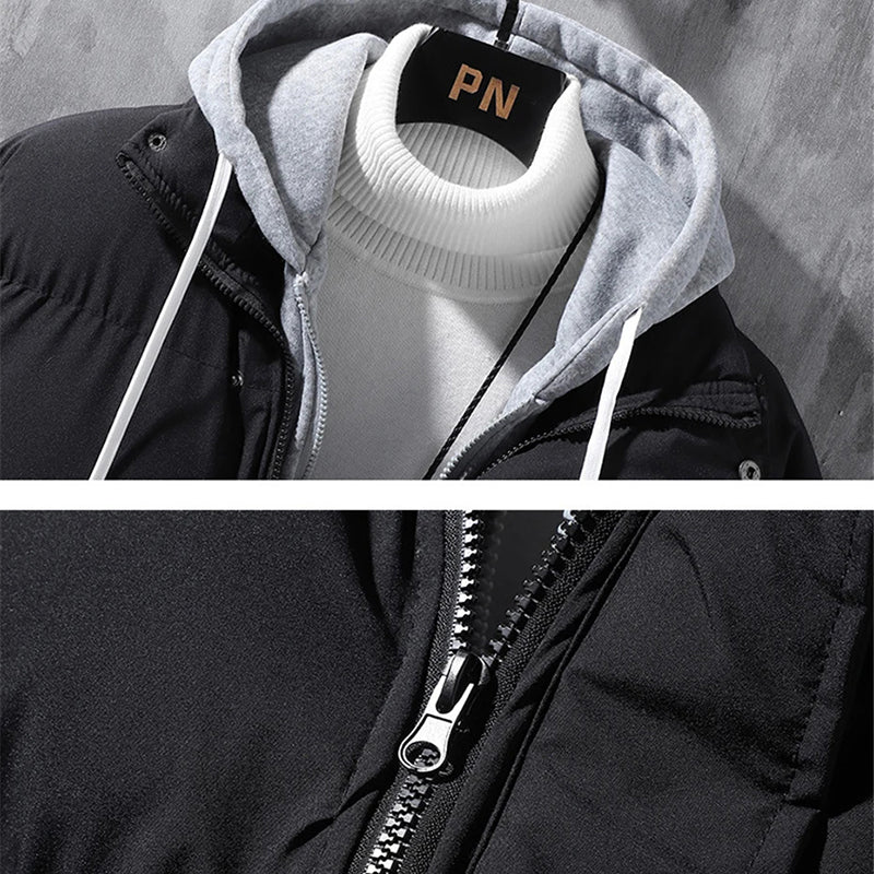 Veste à capuche mode homme, hiver, coupe-vent, épaissie, fausse deux-pièces, manteau uni, loisirs, sport, en coton