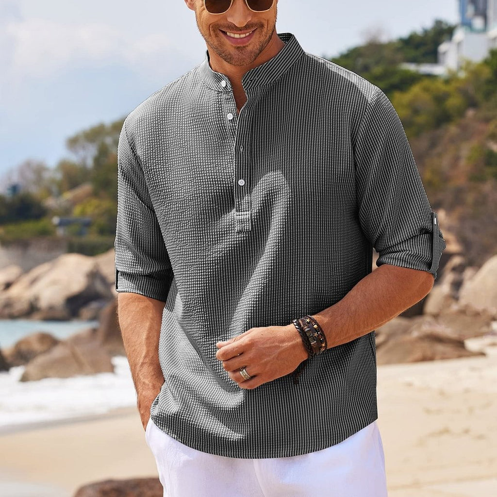 Chemise décontractée pour homme à manches longues col montant couleur unie Vêtements pour hommes