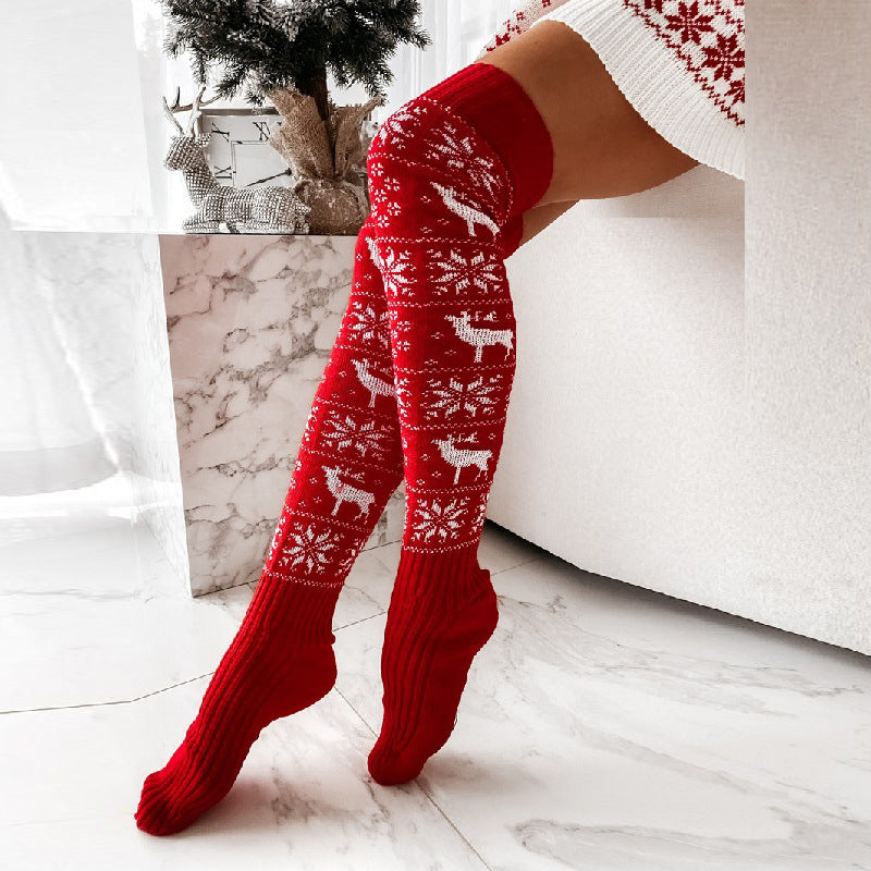 Chaussettes longues décontractées en tricot chaud de Noël pour femme avec motif jacquard cerf et flocon de neige, au-dessus du genou, taille unique, pour cadeaux