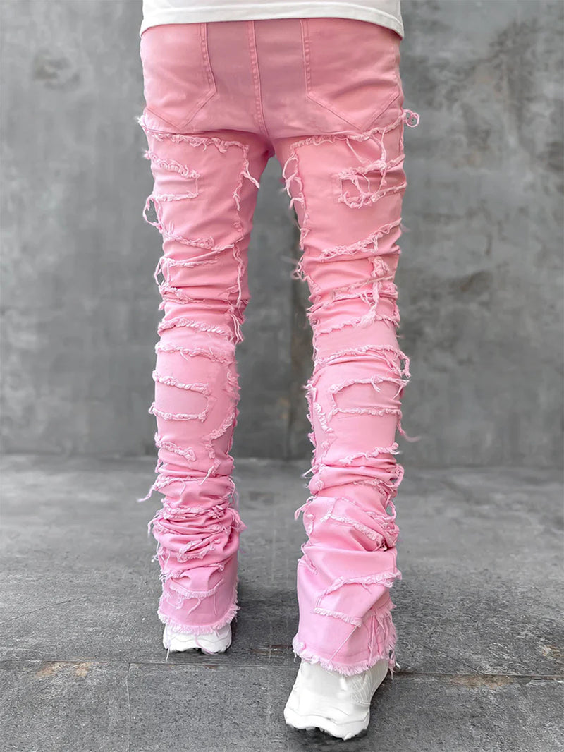 Pantalon déchiré à franges, avec patchs individuels, coupe longue ajustée, jean superposé pour hommes