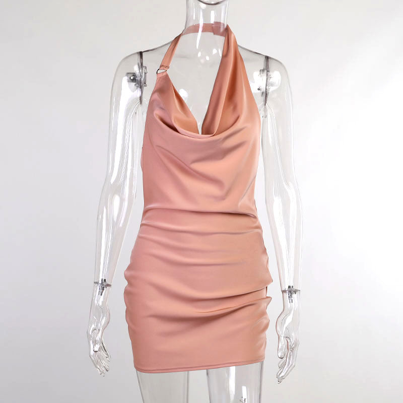 Robe de soirée en satin Col en V Dos nu Mini sans manches Robe de soirée d'été