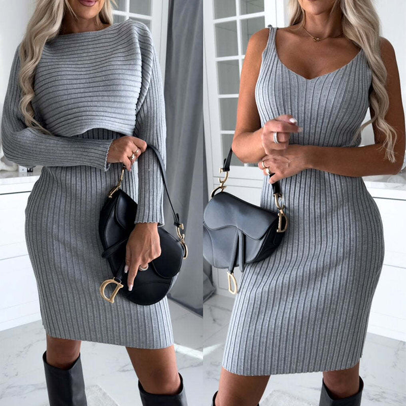 Ensemble 2 pièces pour femmes, haut rayé uni à manches longues et jupe moulante à bretelles, mode automne-hiver, vêtement slim