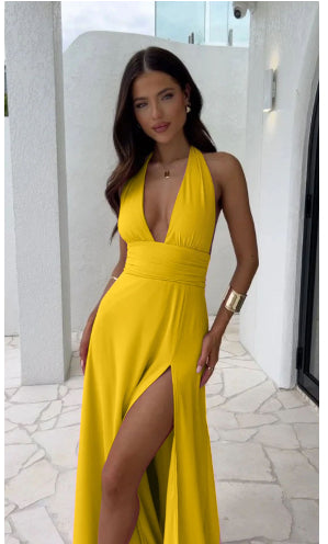 Robe d'été sexy à col licou en V fendue, dos nu, à bretelles, jupe tendance pour femmes