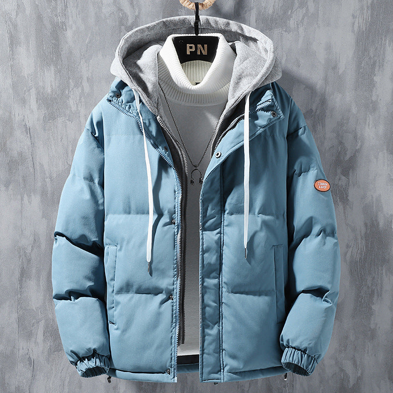 Veste à capuche mode homme, hiver, coupe-vent, épaissie, fausse deux-pièces, manteau uni, loisirs, sport, en coton
